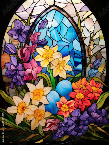 Vibrant Stained Glass Easter Display with Floral Arrangement