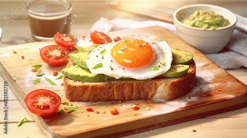 Delicious toast with scrambled eggs and avocado. healthy breakfasts. Watercolor style