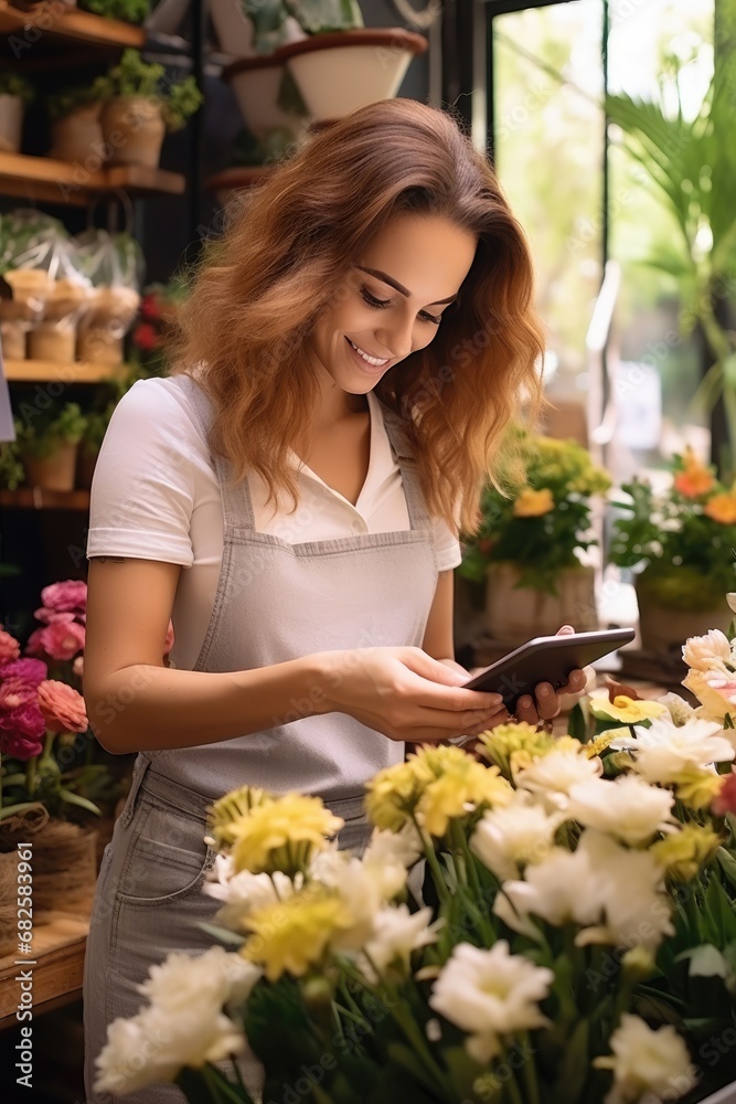 Small flower shop business owner woman managing shop with digital tablet