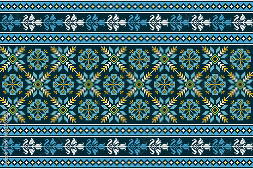 Abstract ethnic pixel border pattern flower design. Aztec fabric boho mandalas India sari borders textile wallpaper. Tribal native motif African American saree border elegant embroidery vector backgro