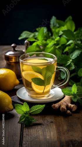 Cup of ginger tea with lemon and mint on wooden table