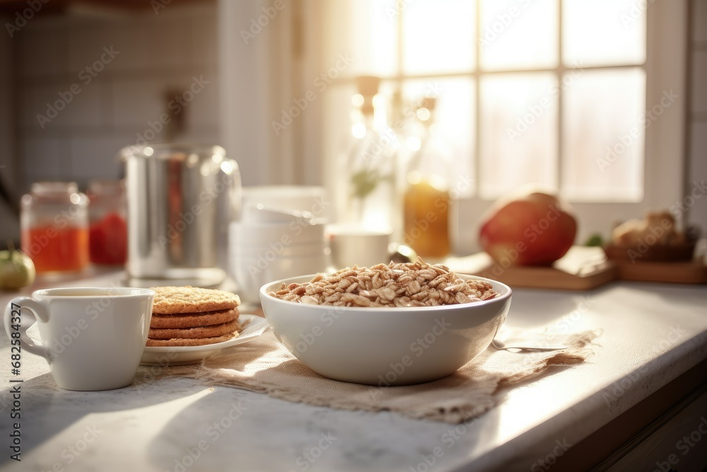A plate of porridge and berries on the kitchen table. A healthy breakfast. A plate of porridge and berries on the kitchen table. A healthy breakfast.