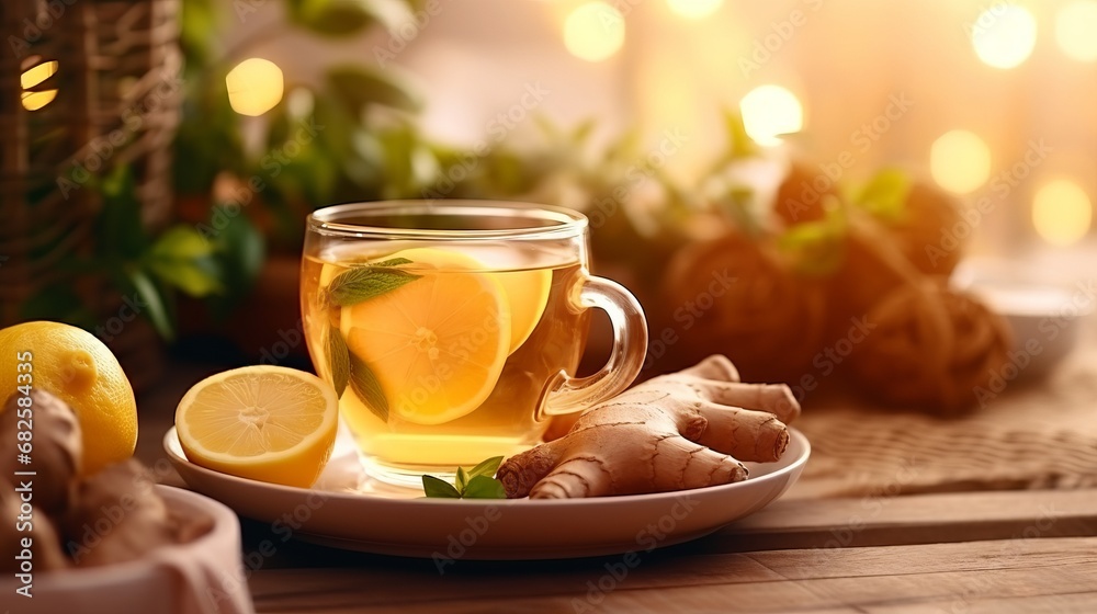 Obraz na płótnie Cup of ginger tea with lemon and mint on wooden table w salonie