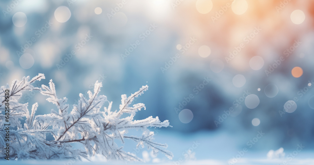 Beautiful winter background image of frosted spruce branches and small drifts of pure snow with bokeh Christmas lights and space for text. - obrazy, fototapety, plakaty 