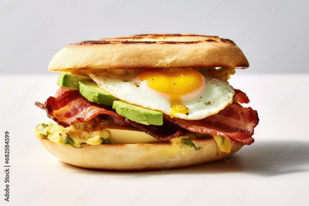 Delicious sandwich with fried eggs, bacon and avocado. Healthy breakfasts. Menu Delicious sandwich with fried eggs, bacon and avocado. Healthy breakfasts. Menu