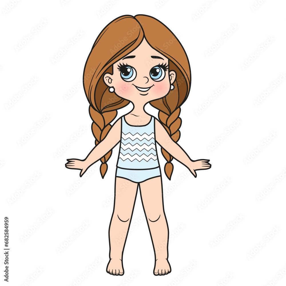 Cute cartoon girl with long hair braided dressed in underwear and barefoot color variation for coloring page Cute cartoon girl with long hair braided dressed in underwear and barefoot color variation for coloring page