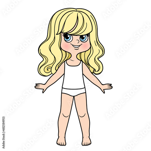 Cute cartoon curled haired girl dressed in underwear and barefoot color variation for coloring page