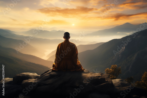 a monk mediating on top of a mountain