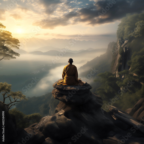 a monk mediating on top of a mountain