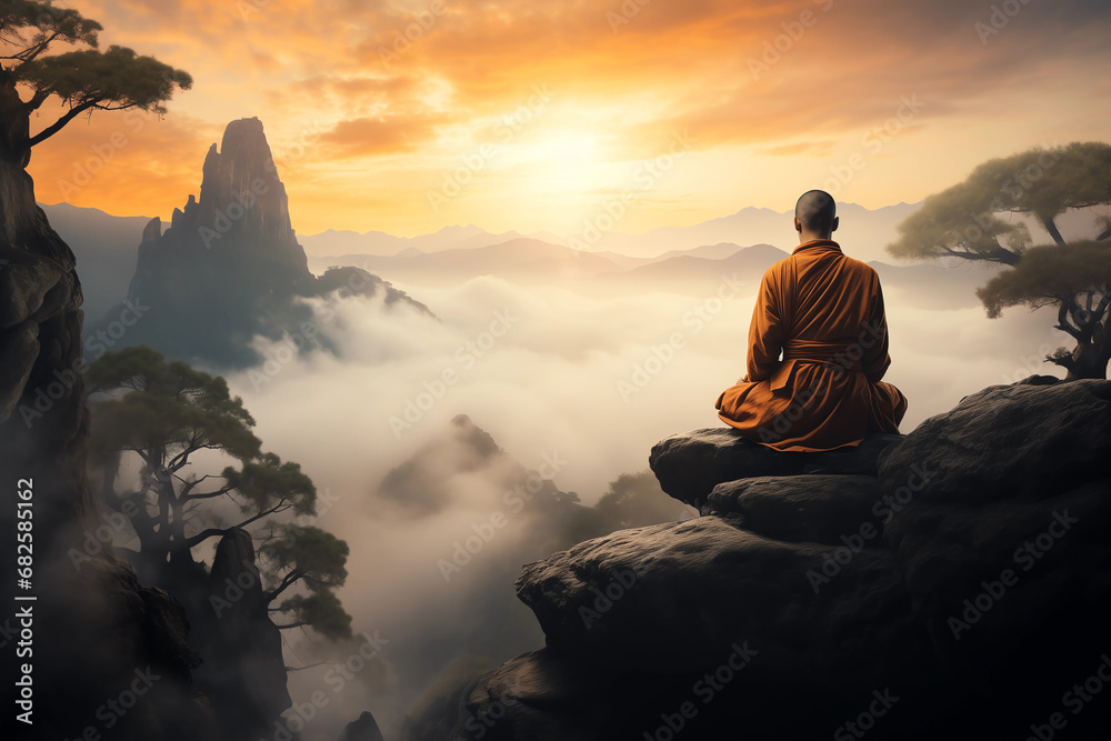 a monk mediating on top of a mountain