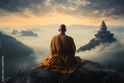 a monk mediating on top of a mountain