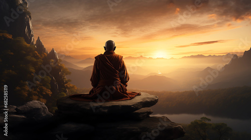 a monk mediating on top of a mountain © Vincent