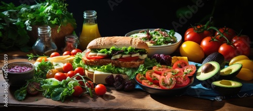 On the green table, a colorful spread of food awaited - a leafy salad with red tomatoes, a delectable burger, and a sandwich overflowing with cheese, meat, and fresh vegetables. The natural, vibrant