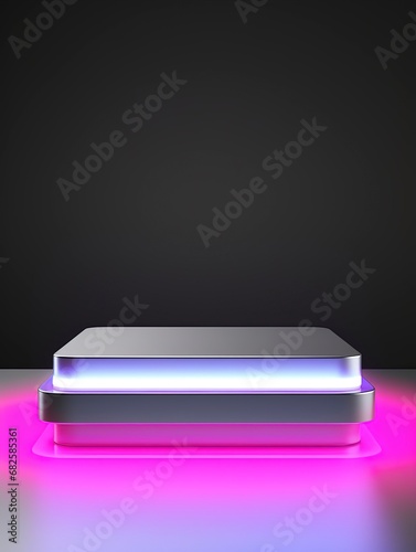 Silver Pedestal of platform display with neon modern stand podium on white room background. Blank Exhibition stage backdrop or empty product shelf, copy space, generative ai © Nia™