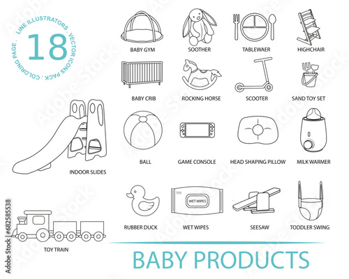 Baby Product editable stroke outline icons set. baby gym shooter dining set high chair crib rocking horse scooter ball game console head slides swing train wet wipes rubber duck seesaw milk warmer