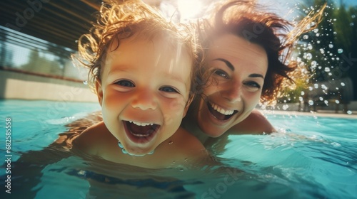 Cute smiling baby and mom having fun swimming and diving in the pool at the resort on summer vacation. Activities and sports to happy kid, family, holiday, photo