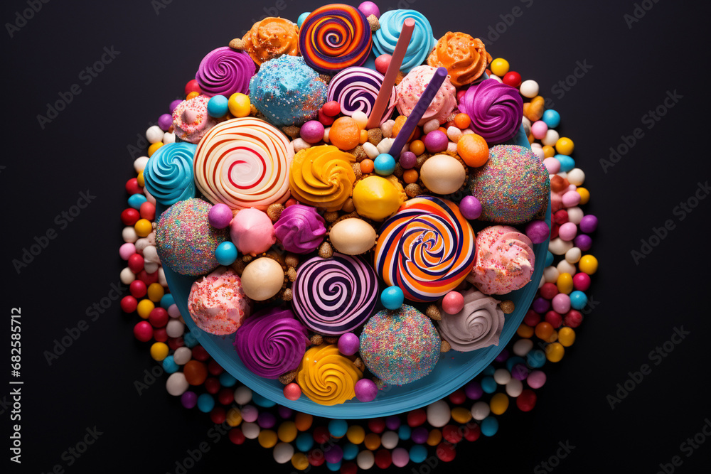 Beautiful, elegant birthday cake decorated with sweets and chocolate. Generative AI.