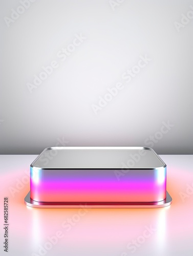 Silver Pedestal of platform display with neon modern stand podium on white room background. Blank Exhibition stage backdrop or empty product shelf, copy space, generative ai © Nia™