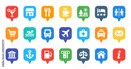 Location map marker icon set. Map pin of restaurant, coffee, park, hotel, airport, bus station and more. Vector illustration.