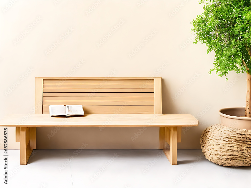 Rustic wood bench against beige stucco wall with copy space. Japandi interior design of modern entrance hall Rustic wood bench against beige stucco wall with copy space. Japandi interior design of modern entrance hall