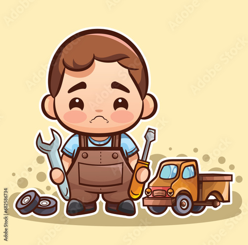 Fix your toy truck with an adorable mechanic! This cute little mechanic will take care of your toy truck with precision and care. Enjoy this delightful vector illustration experience!