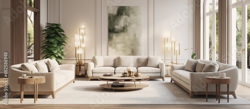 The luxurious living room came to life with its stunning 3D furniture design, where a wooden frame effortlessly blended with the white walls, illustrating a perfect harmony of light and space in the