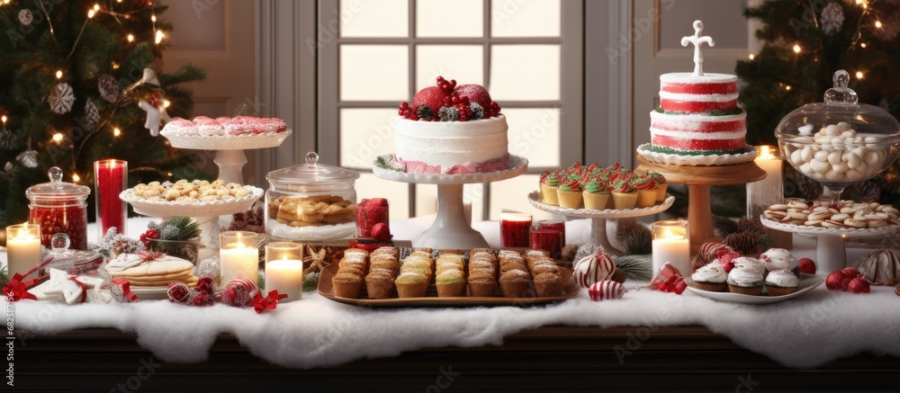 In the midst of the winter wonderland, a wooden table stood adorned with festive decorations, showcasing a delightful array of Christmas desserts and holiday treats, including a freshly baked cake