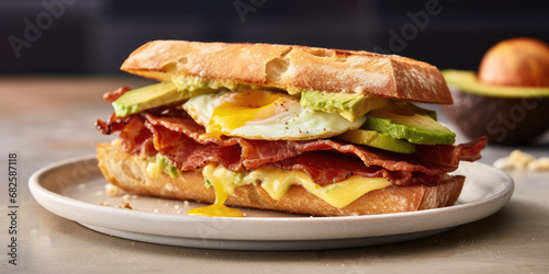 Delicious sandwich with fried eggs, bacon and avocado. Healthy breakfasts. Menu