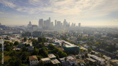 Cuadro en lienzo Downtown Los Angeles in the mist - aerial view - Los Angeles Drone footage - aer