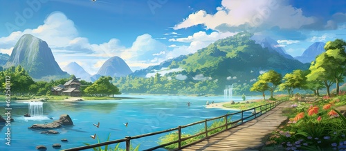 Against the backdrop of a vibrant blue sky, a picturesque landscape of lush greenery, colorful modern boardwalks adorn the beautiful river shore, enchanting tourists with its water, wood, and summer photo