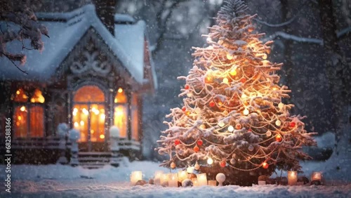 Festive Christmas Tree Lighting on a Snowy Winter Night photo