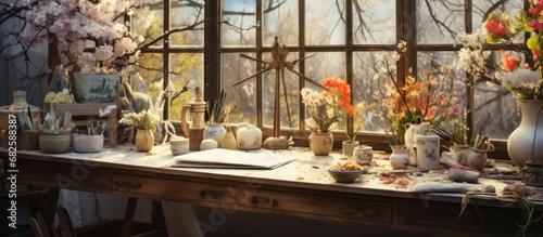 In the vintage art studio, an old wooden desk held a retro paint palette, while grunge ornaments adorned the spring-themed table with a natural egg centerpiece, as the window overlooked a serene © AkuAku