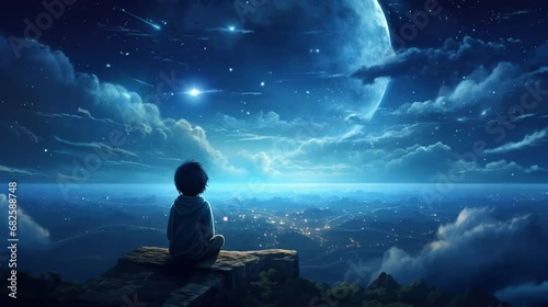 little boy looking at the beautiful sky. seamless looping time-lapse virtual 4k video animation background. photo