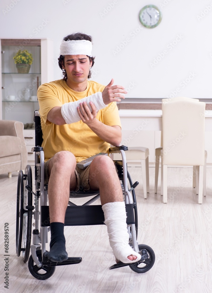 Young man after accident recovering at home Young man after accident recovering at home