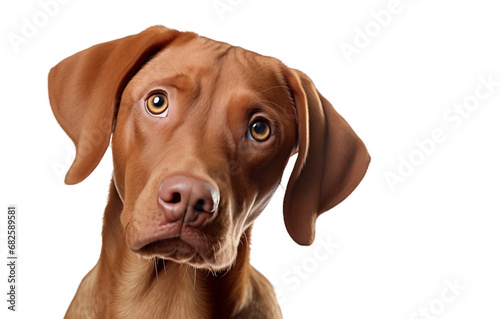 Cute Vizsla dog or pet is looking happy isolated on transparent background. Brown Vizsla young dog is posing. Cute, happy crazy dog headshot isolated on transparent, png 