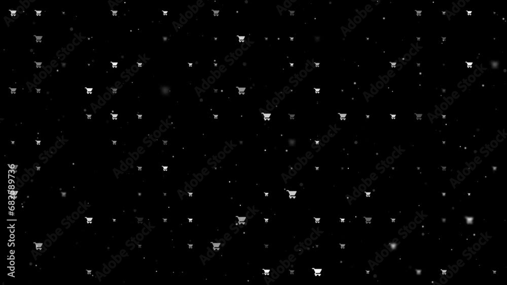 Template animation of evenly spaced shopping cart symbols of different sizes and opacity. Animation of transparency and size. Seamless looped 4k animation on black background with stars Template animation of evenly spaced shopping cart symbols of different sizes and opacity. Animation of transparency and size. Seamless looped 4k animation on black background with stars