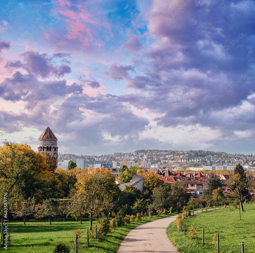 Germany, Stuttgart panorama view. Beautiful houses in autumn, Sky and nature landscape. Vineyards in Stuttgart - colorful wine growing region in the south of Germany with view over Neckar Valley