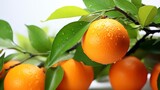 Citrus Elegance. Orange Fruits and Lush Green Leaves Isolated on White Background