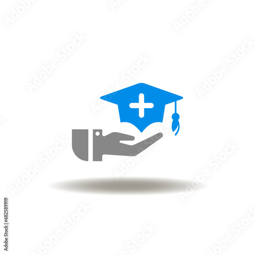Vector illustration of hand holding or giving graduation cap with cross. Icon of medical professional skill development. Symbol of add skills, knowledge. Pictogram of online learning service.