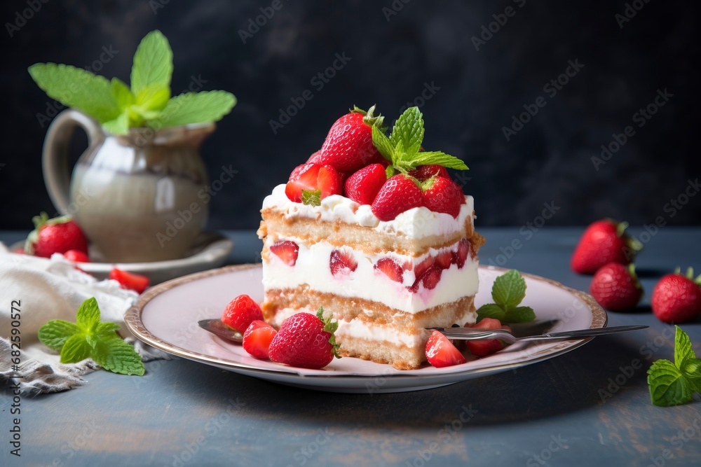Photo delicious and sweet cake with strawberries and baiser on a plate , copy space, generative ai Photo delicious and sweet cake with strawberries and baiser on a plate , copy space, generative ai