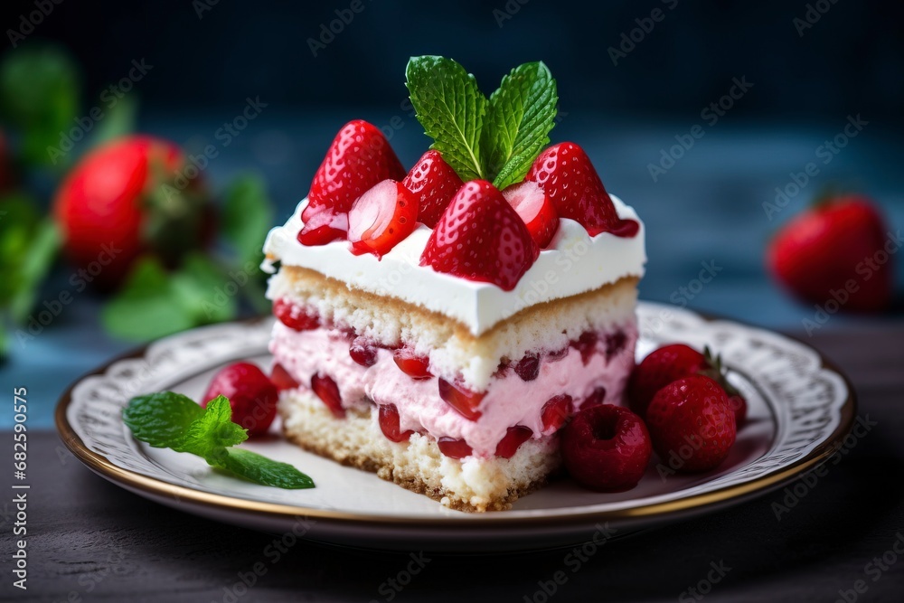 Photo delicious and sweet cake with strawberries and baiser on a plate , copy space, generative ai Photo delicious and sweet cake with strawberries and baiser on a plate , copy space, generative ai