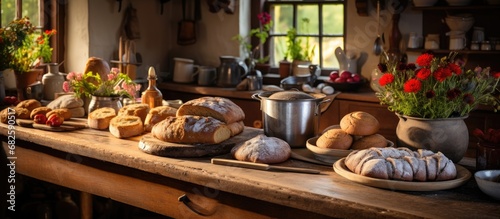 In the old farmhouse kitchen, the warm light filled the room, illuminating the wood table where a box of freshly baked bread awaited breakfast, a feast for hungry bellies and a testament to the farm's
