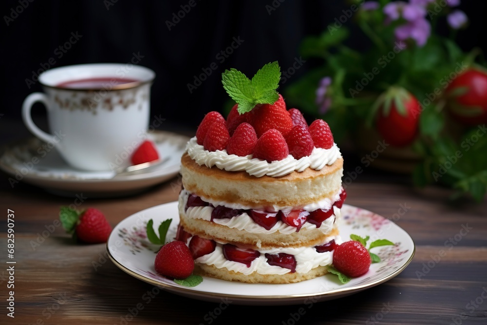 Photo delicious and sweet cake with strawberries and baiser on a plate , copy space, generative ai