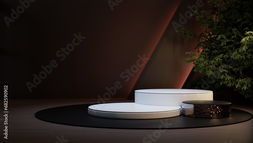 White empty podium or pedestal for product presentation on two floors. Mockup platform on black background with christmas tree. 3d rendering