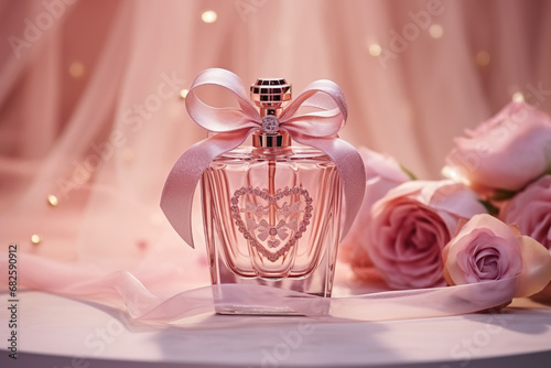 Bottle of perfume with a bow on a background of pink roses. 