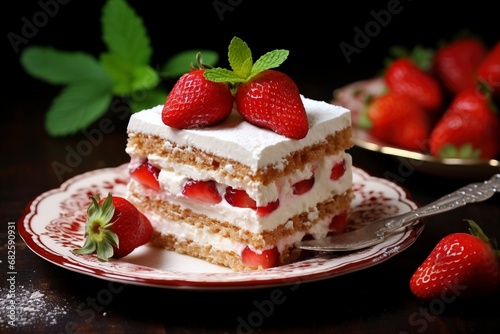 Photo delicious and sweet cake with strawberries and baiser on a plate   copy space  generative ai