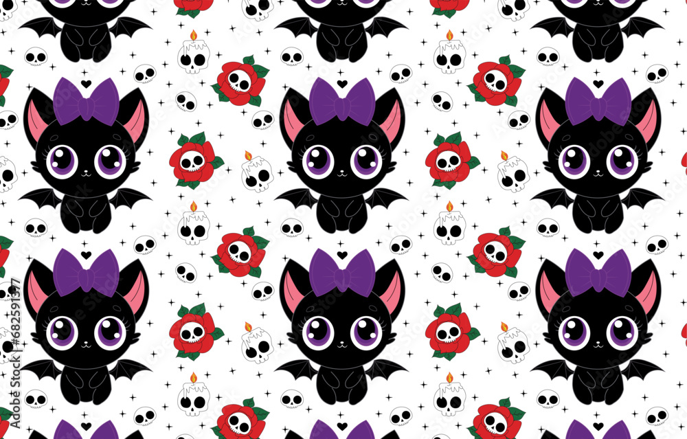 Pattern de um morcego fofinho, com caveira cruz e rosas