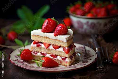 Photo delicious and sweet cake with strawberries and baiser on a plate   copy space  generative ai