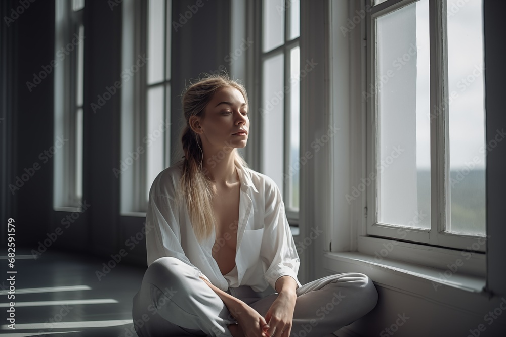 Photo of a woman in deep meditation sitting in front of a window. Photo of a woman in deep meditation sitting in front of a window.