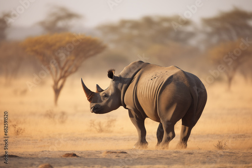 Big rhinoceros in Africa. African rhinoceros walking in the grass  with beautiful evening light. Wildlife scene from nature. Animal in the habitat.